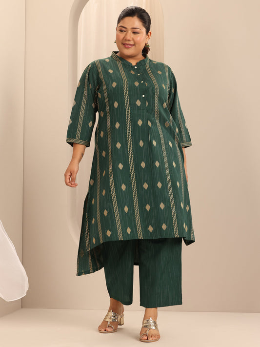 Plus Size Green Woven Design Cotton Blend Straight Kurta Set