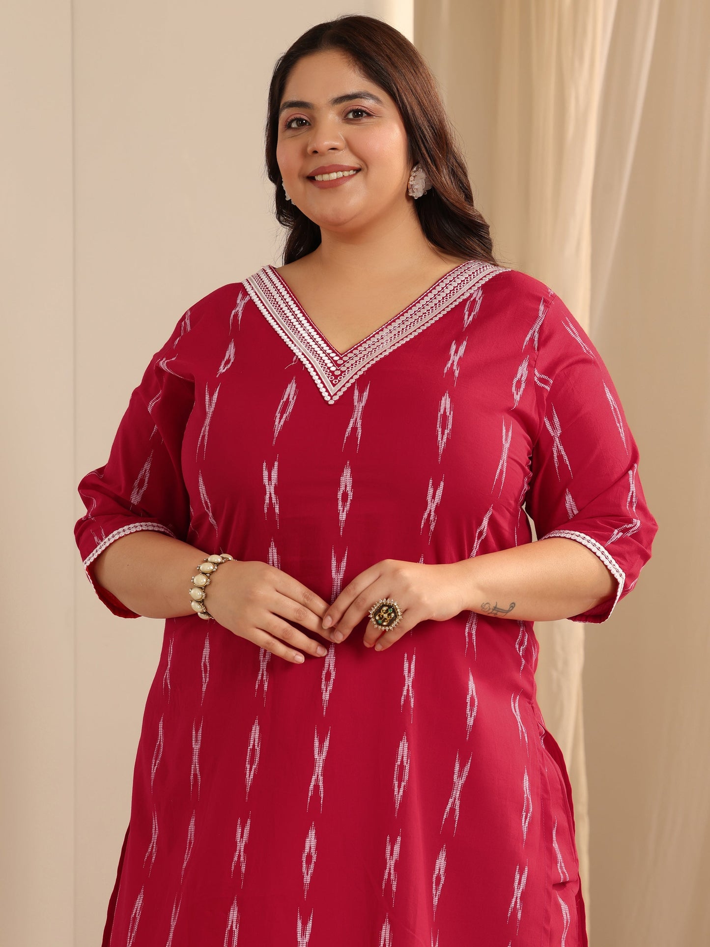 Red Woven Design Cotton Blend Straight Suit Set With Dupatta