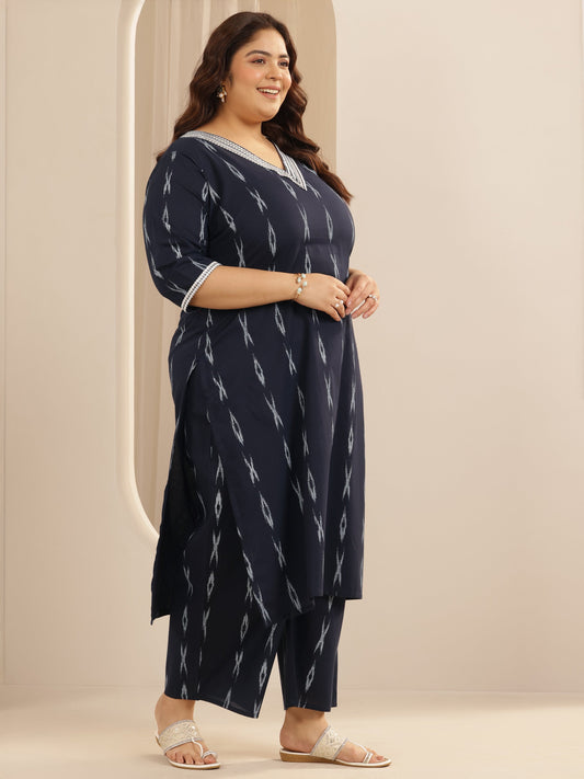 Plus Size Blue Woven Design Cotton Blend Straight Suit Set With Dupatta