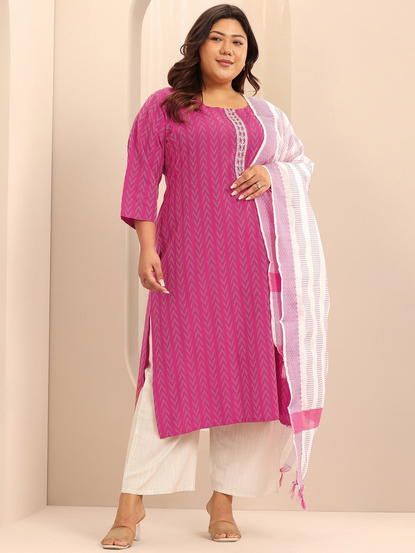 Plus Size Pink Woven Design Cotton Blend Straight Suit Set With Dupatta
