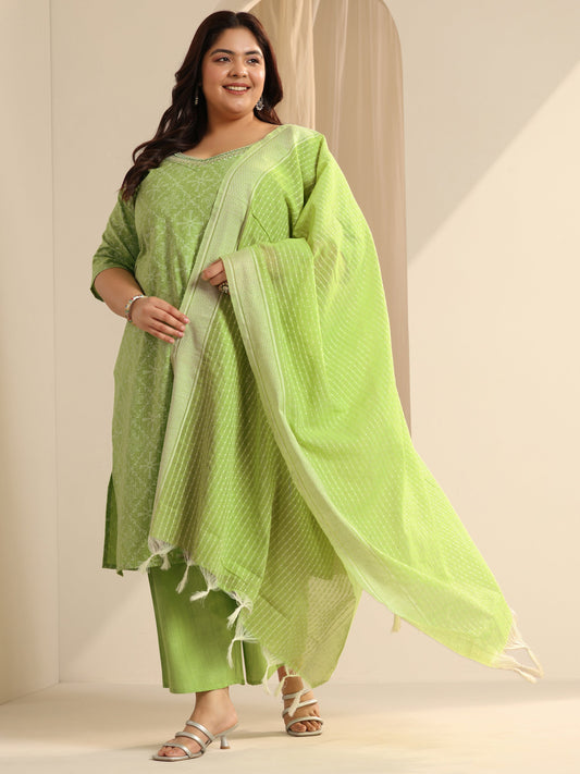 Plus Size Green Printed Cotton Blend Straight Suit Set With Dupatta