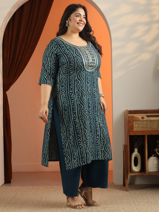 Plus Size Blue Printed Viscose Straight Suit Set With Dupatta