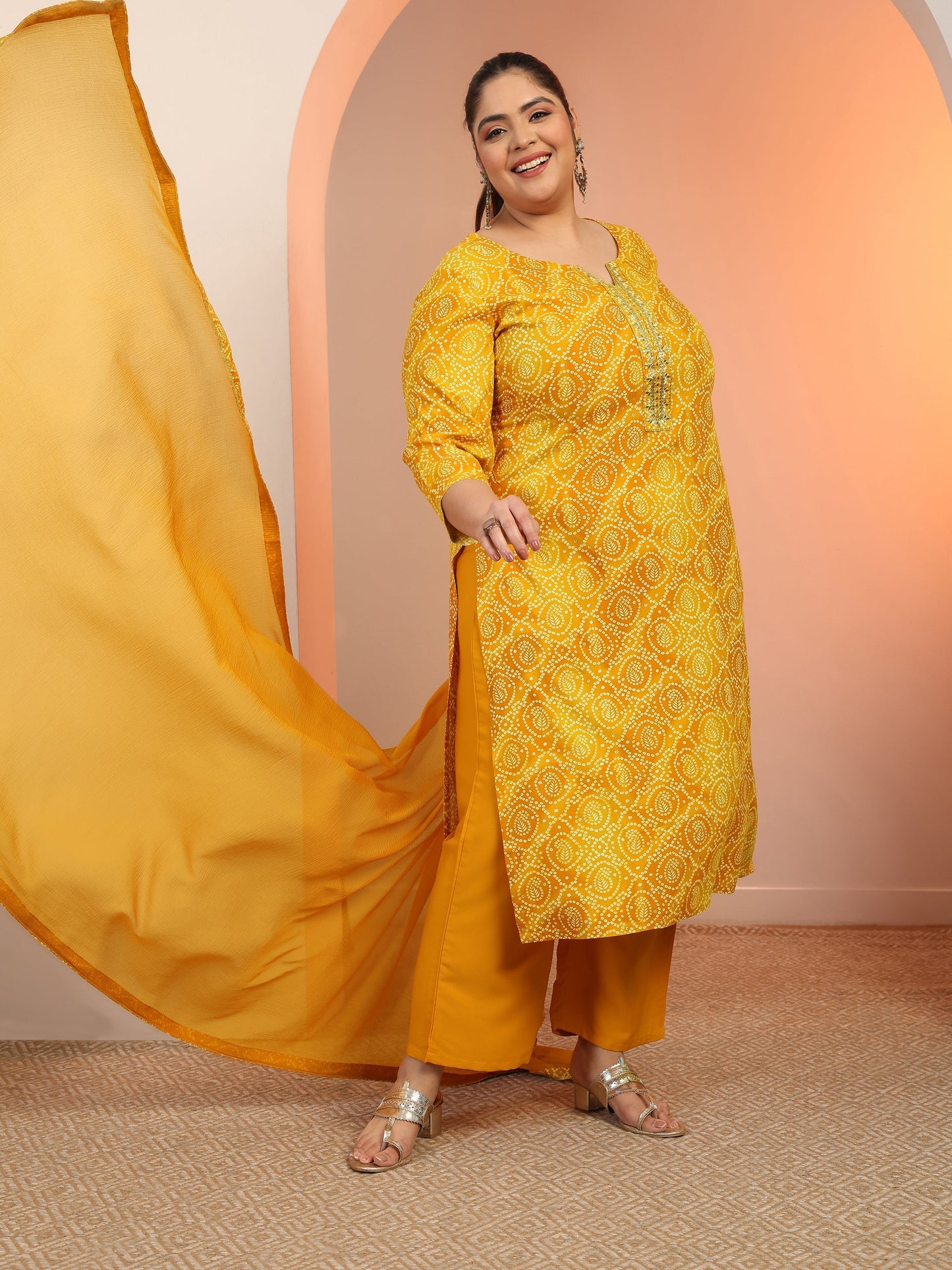 Plus Size Mustard Printed Viscose Straight Suit Set With Dupatta