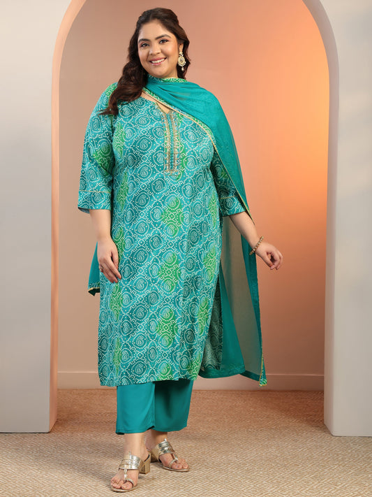 Plus Size Blue Printed Viscose Straight Suit Set With Dupatta
