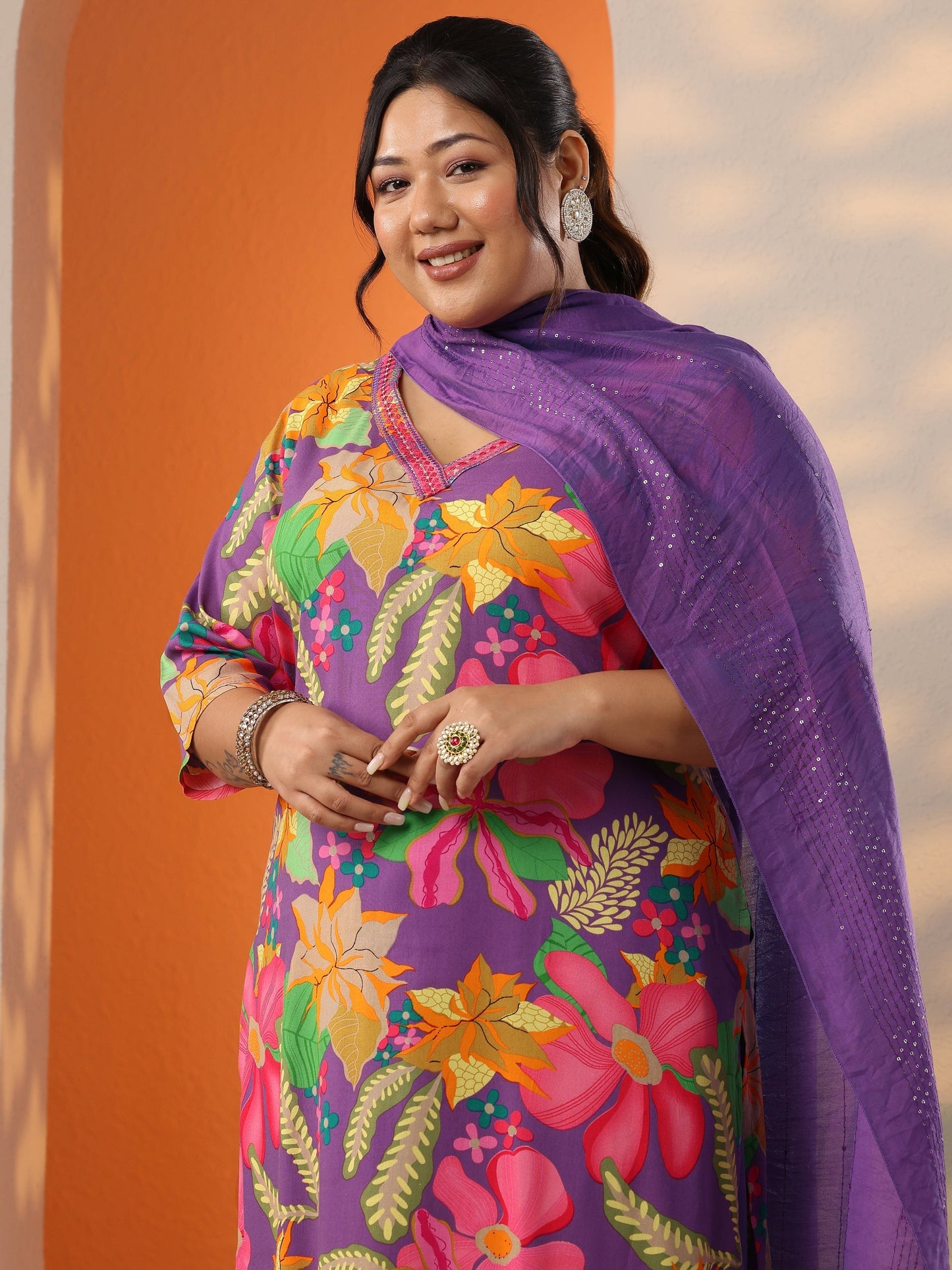 Plus Size Purple Printed Viscose Straight Suit Set With Dupatta