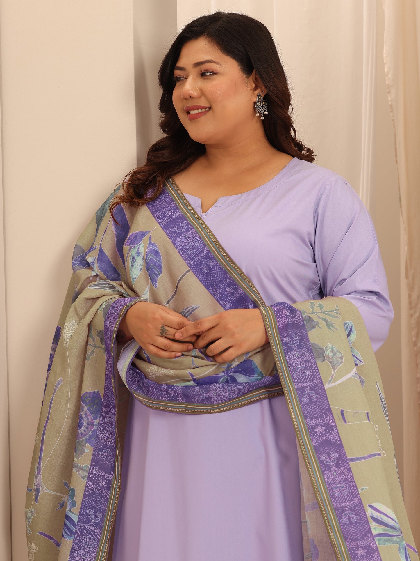 Plus Size Lavender Solid Viscose Rayon Straight Suit Set With Dupatta