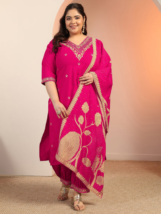 Plus Size Pink Embroidered Viscose Straight Suit Set With Dupatta