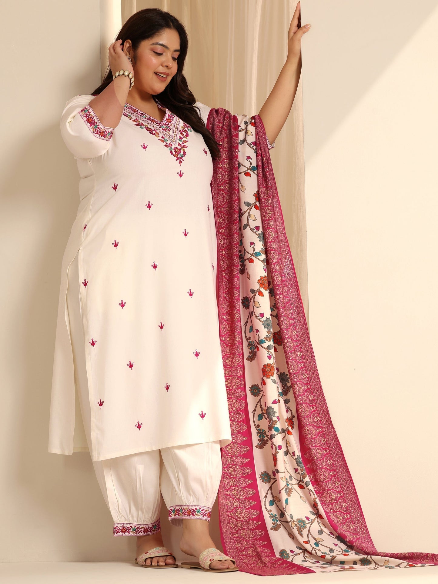 Plus Size White Embroidered Viscose Straight Suit Set With Dupatta