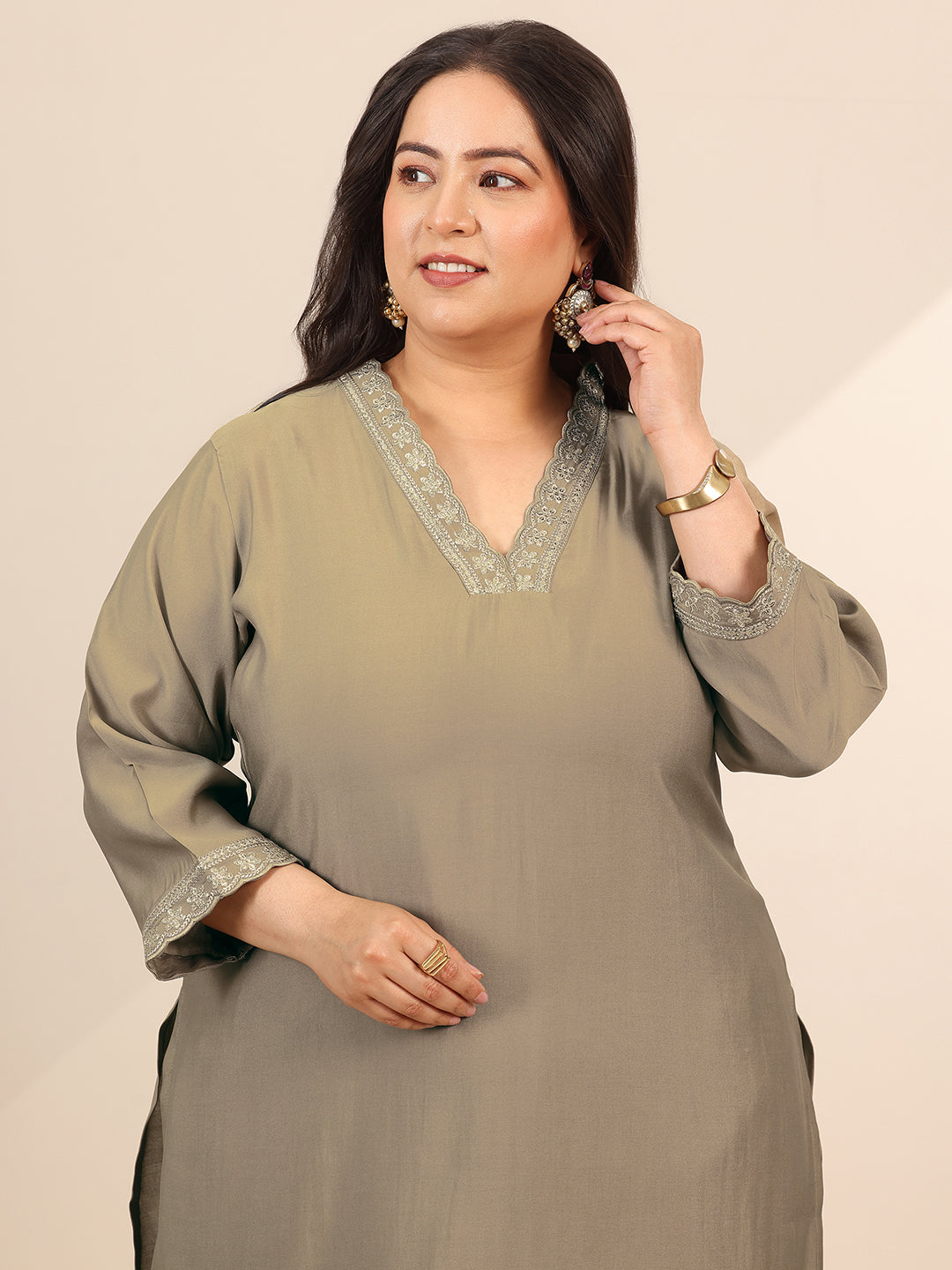 Plus Size Golden Solid Silk Blend Straight Suit Set With Dupatta