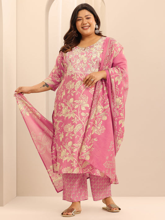 Plus Size Pink Printed Silk Blend Straight Suit Set With Dupatta