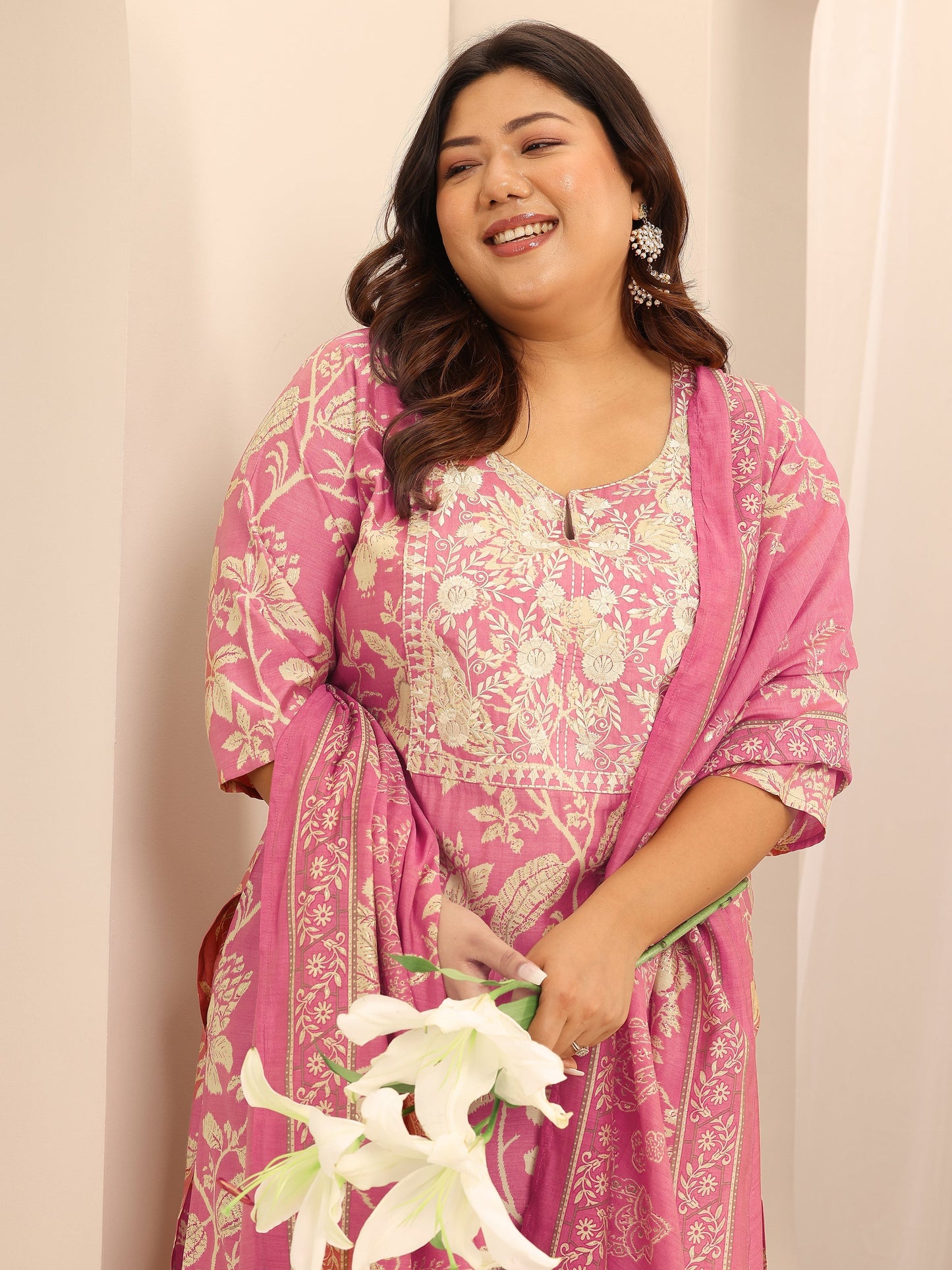 Plus Size Pink Printed Silk Blend Straight Suit Set With Dupatta