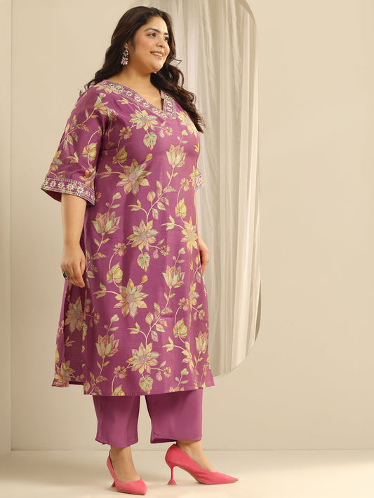 Plus Size Pink Printed Silk blend Straight Suit Set With Dupatta