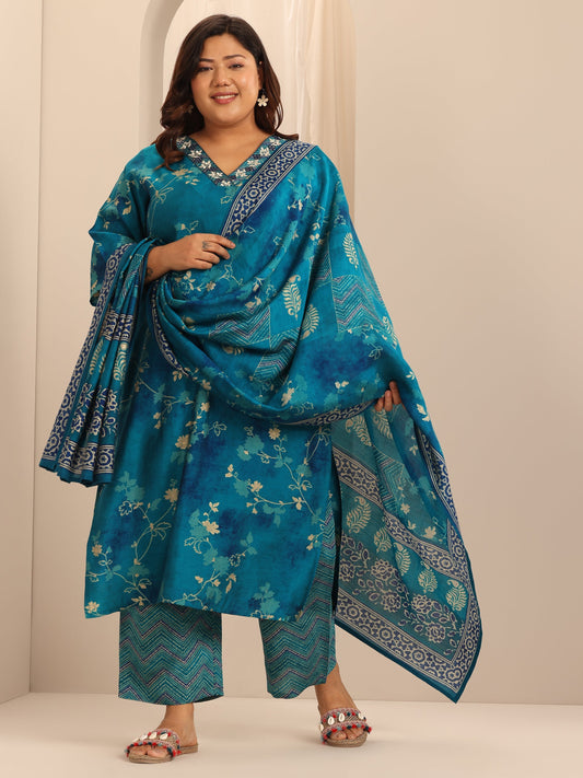 Plus Size Blue Printed Silk Blend Straight Suit Set With Dupatta