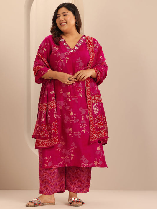 Plus Size Red Printed Silk Blend Straight Suit Set With Dupatta