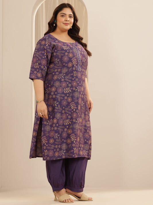 Plus Size Purple Printed Silk blend Straight Suit Set With Dupatta