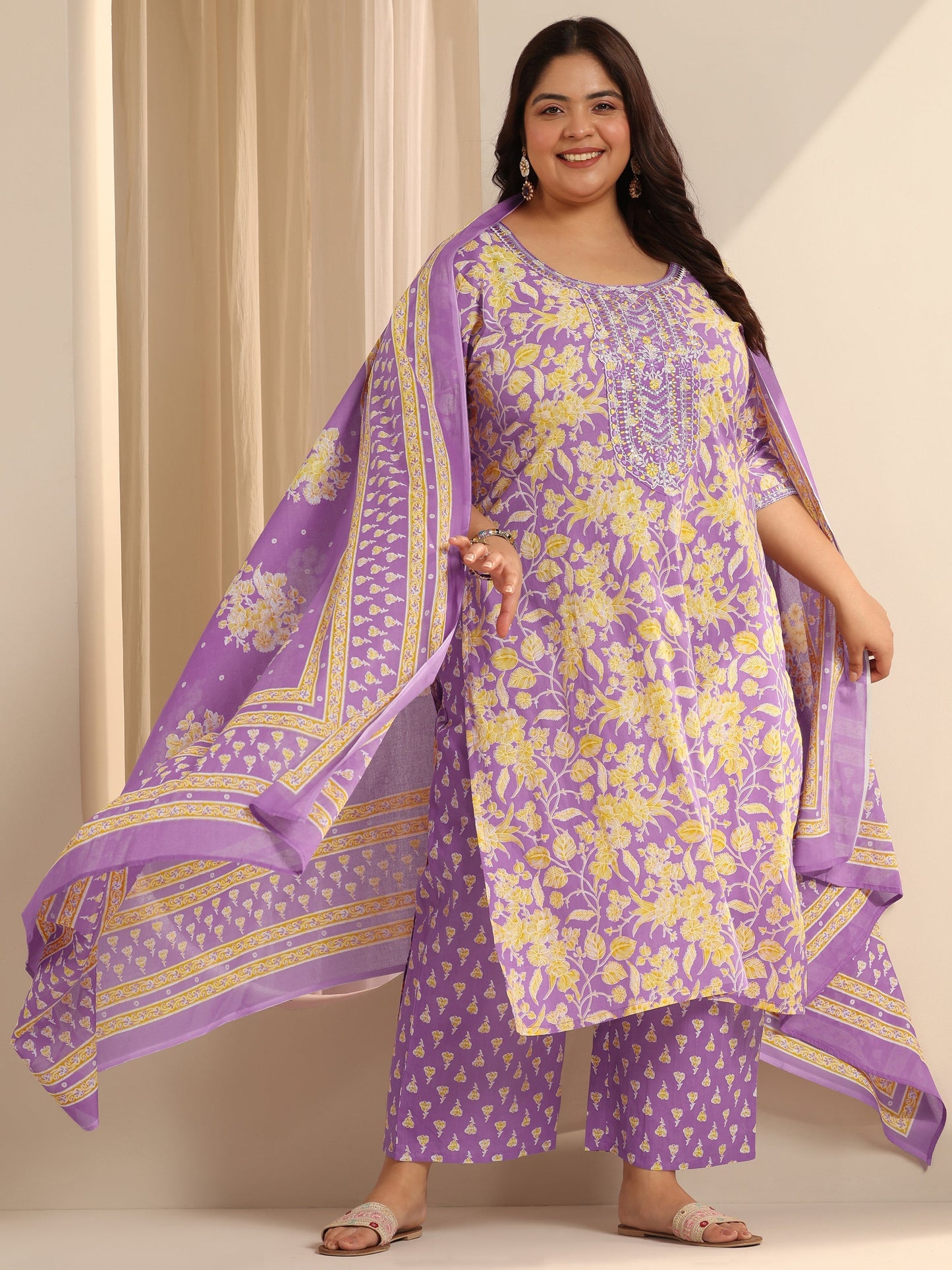 Plus Size Lavender Printed Cotton Straight Suit Set With Dupatta