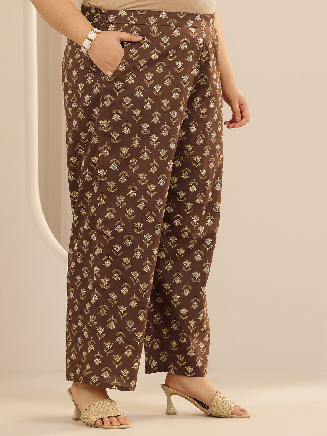 Plus Size Brown Printed Cotton Straight Suit Set With Dupatta