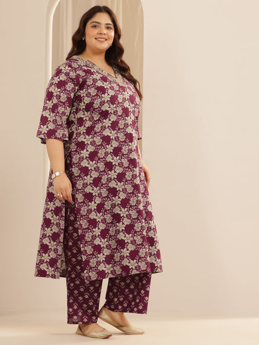 Plus Size Burgundy Printed Cotton Straight Suit Set With Dupatta
