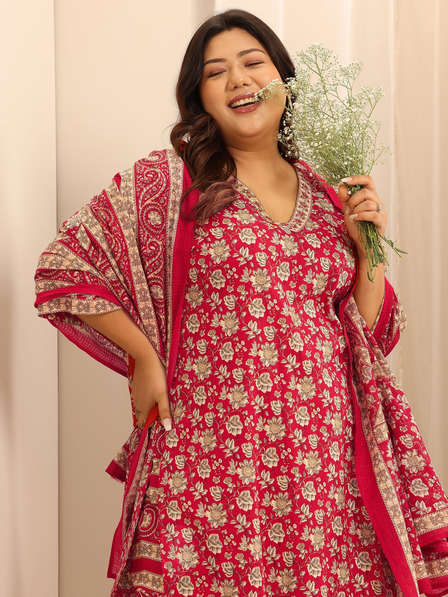 Plus Size Red Printed Cotton Straight Suit Set With Dupatta