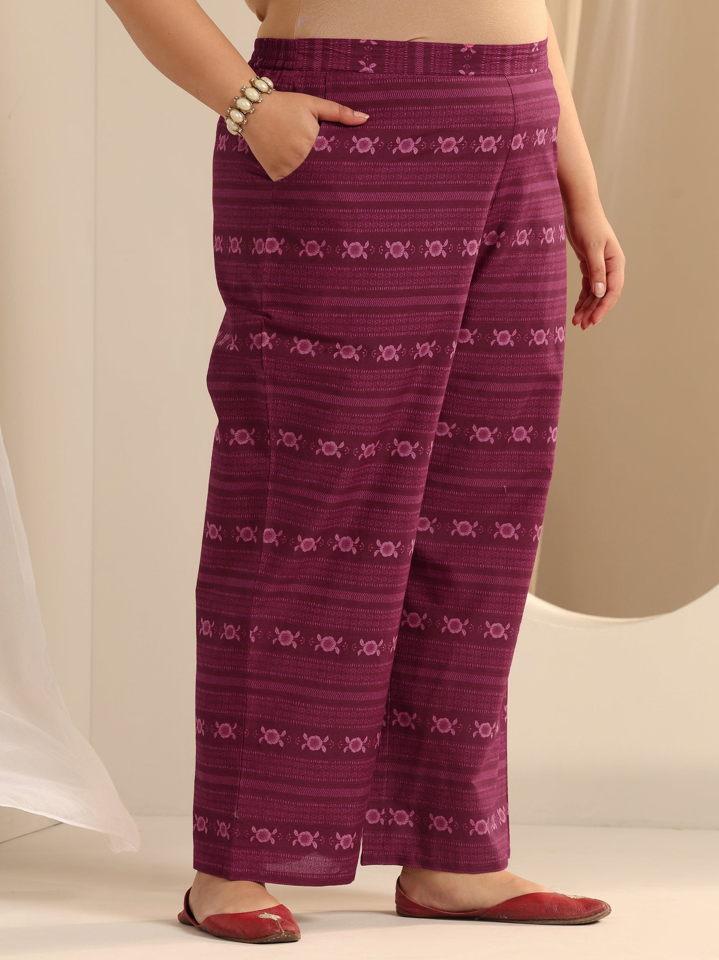 Plus Size Burgundy Printed Cotton Straight Suit Set With Dupatta