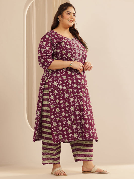 Plus Size Burgundy Printed Cotton Straight Suit Set With Dupatta