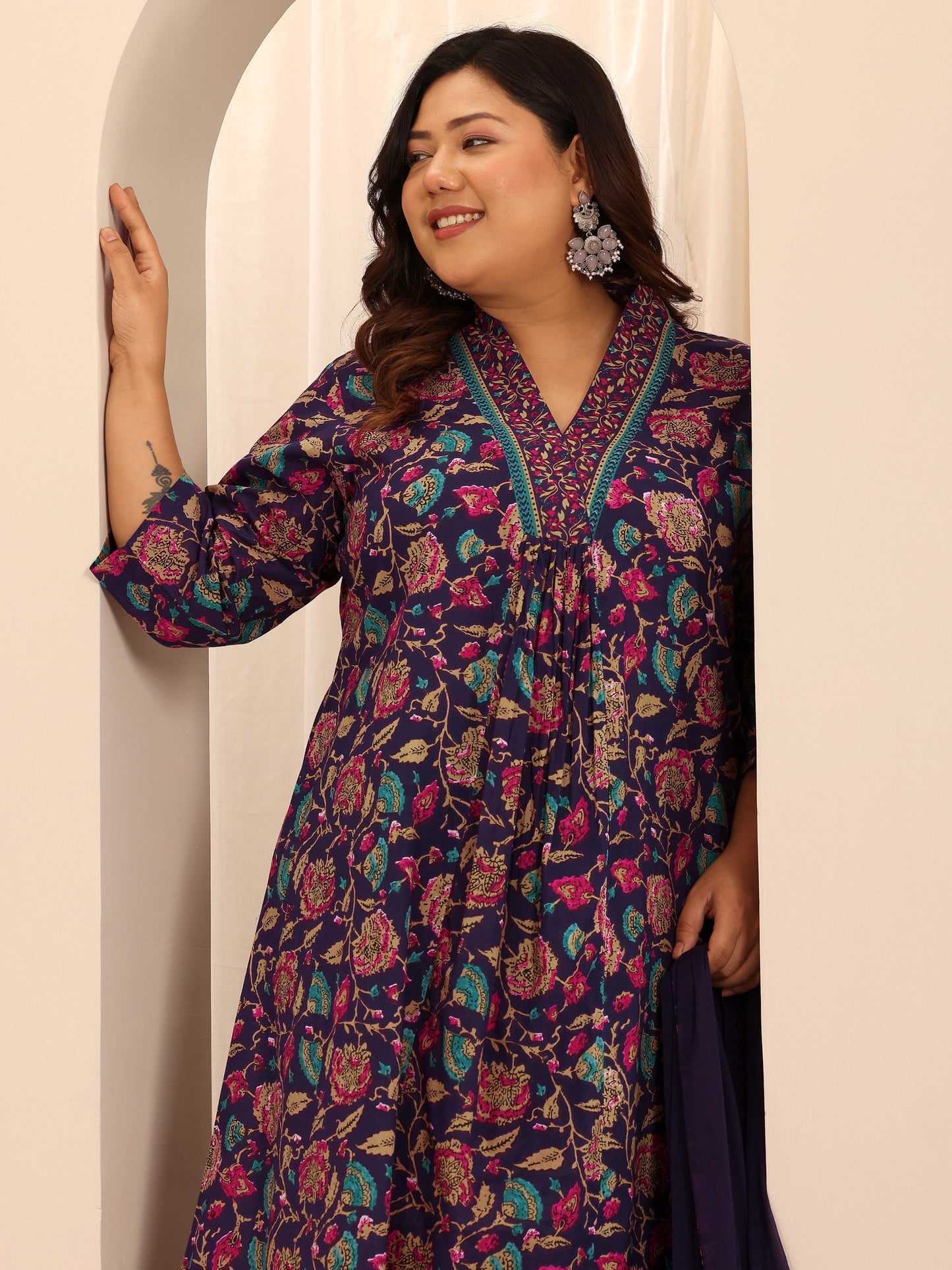 Plus Size Purple Printed Cotton A-Line Suit Set With Dupatta