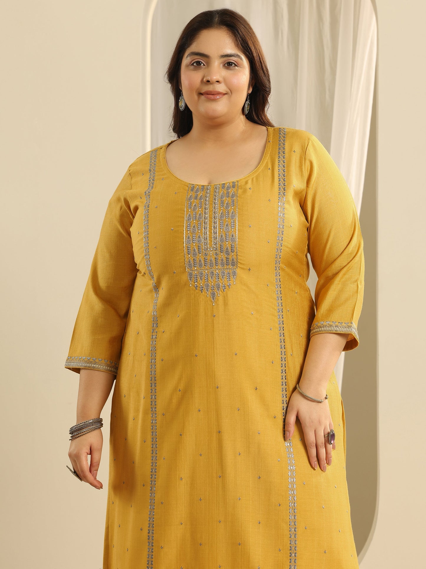 Plus Size Mustard Printed cotton blend Straight Suit Set With Dupatta