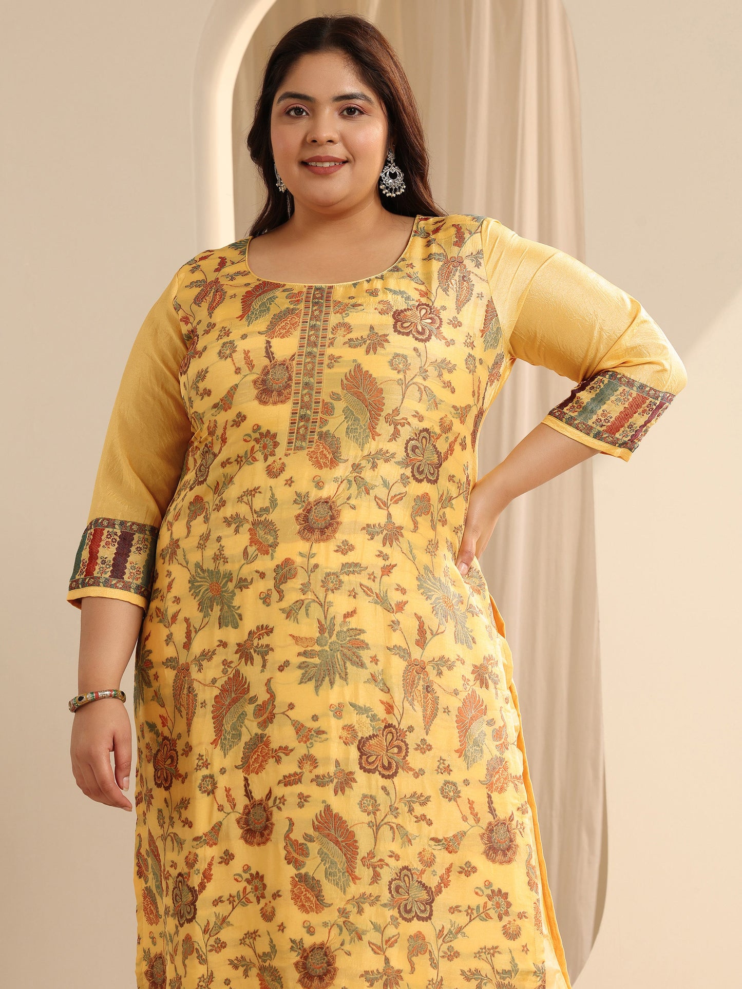 Plus Size Yellow Woven Design Silk blend Straight Suit Set With Dupatta