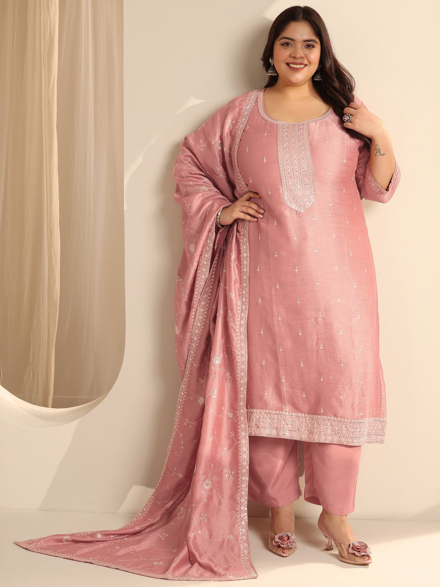Plus Size Peach Embroidered Silk blend Straight Suit Set With Dupatta