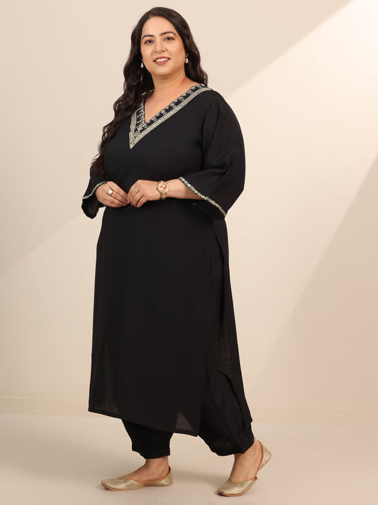 Plus Size Black Yoke Design Silk Blend Straight Suit Set With Dupatta