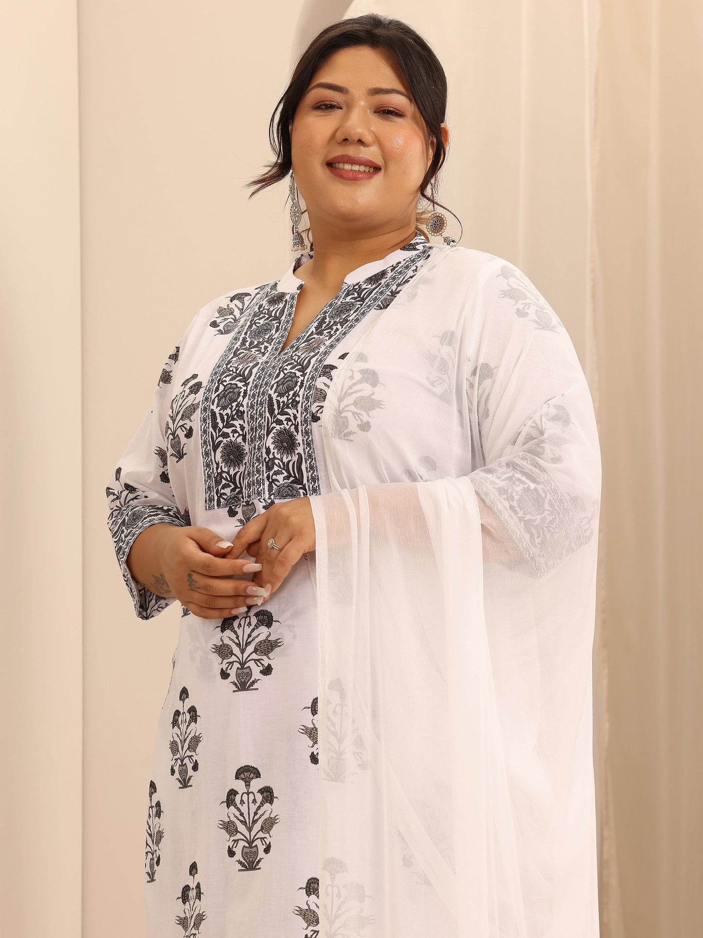 Plus Size White Printed Cotton Straight Suit Set With Dupatta