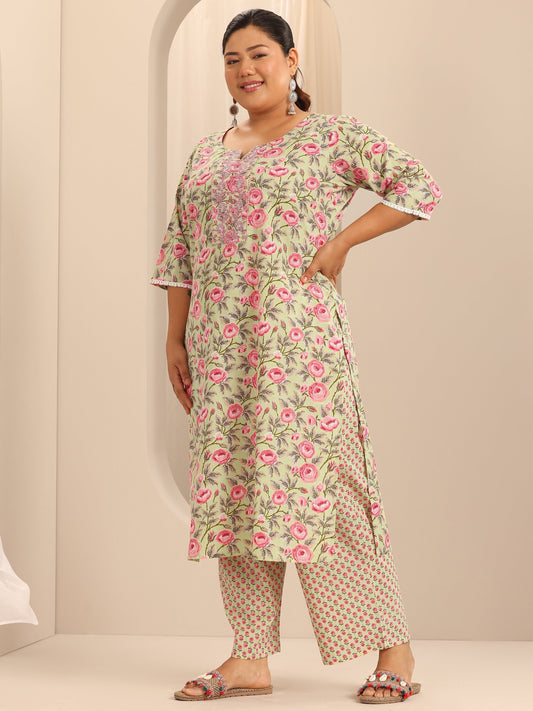 Plus Size Green Printed Cotton Straight Kurta Set