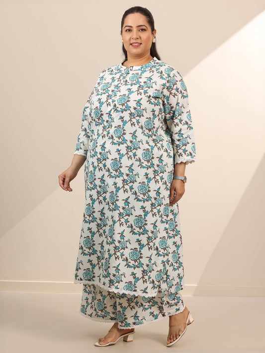 Plus Size Off White Printed Cotton Straight Kurta Set