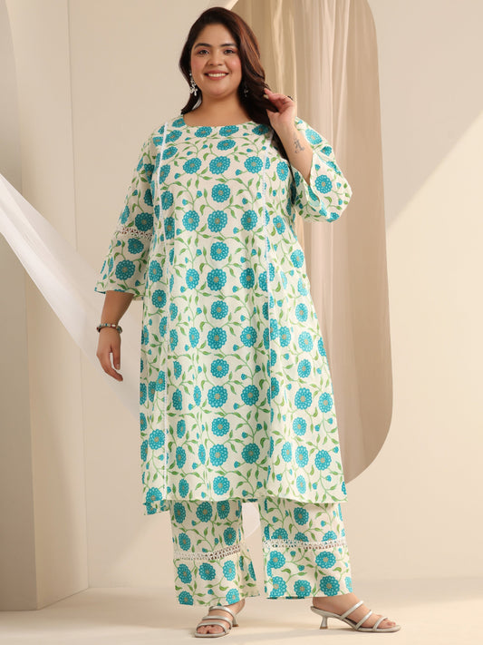 Plus Size Off White Printed Cotton Blend Straight Kurta Set