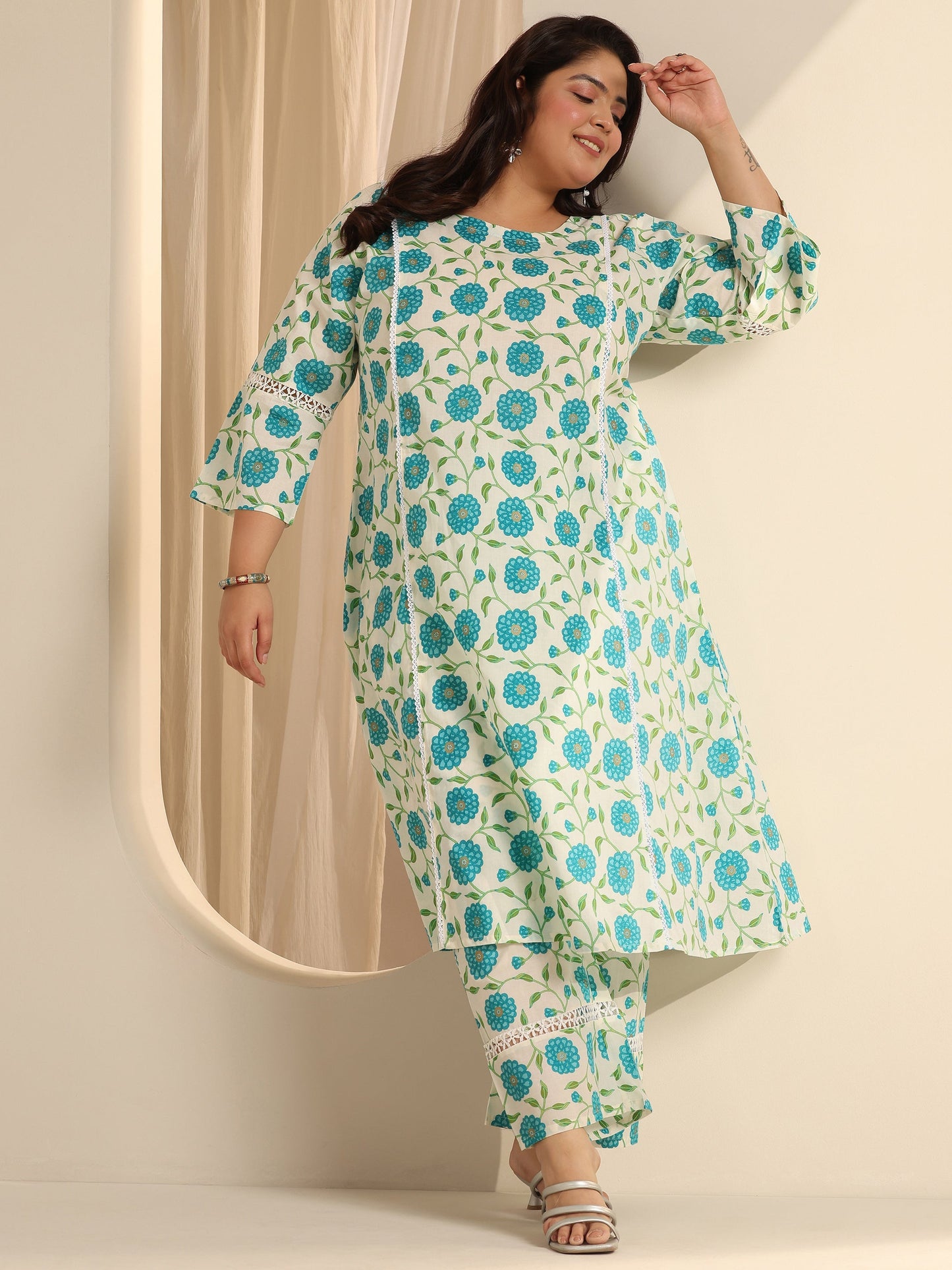 Plus Size Off White Printed Cotton Blend Straight Kurta Set