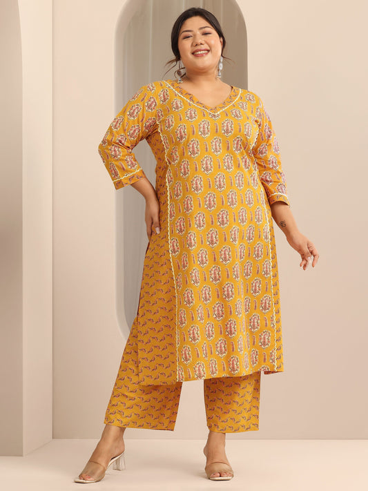 Plus Size Mustard Printed Cotton Straight Kurta Set