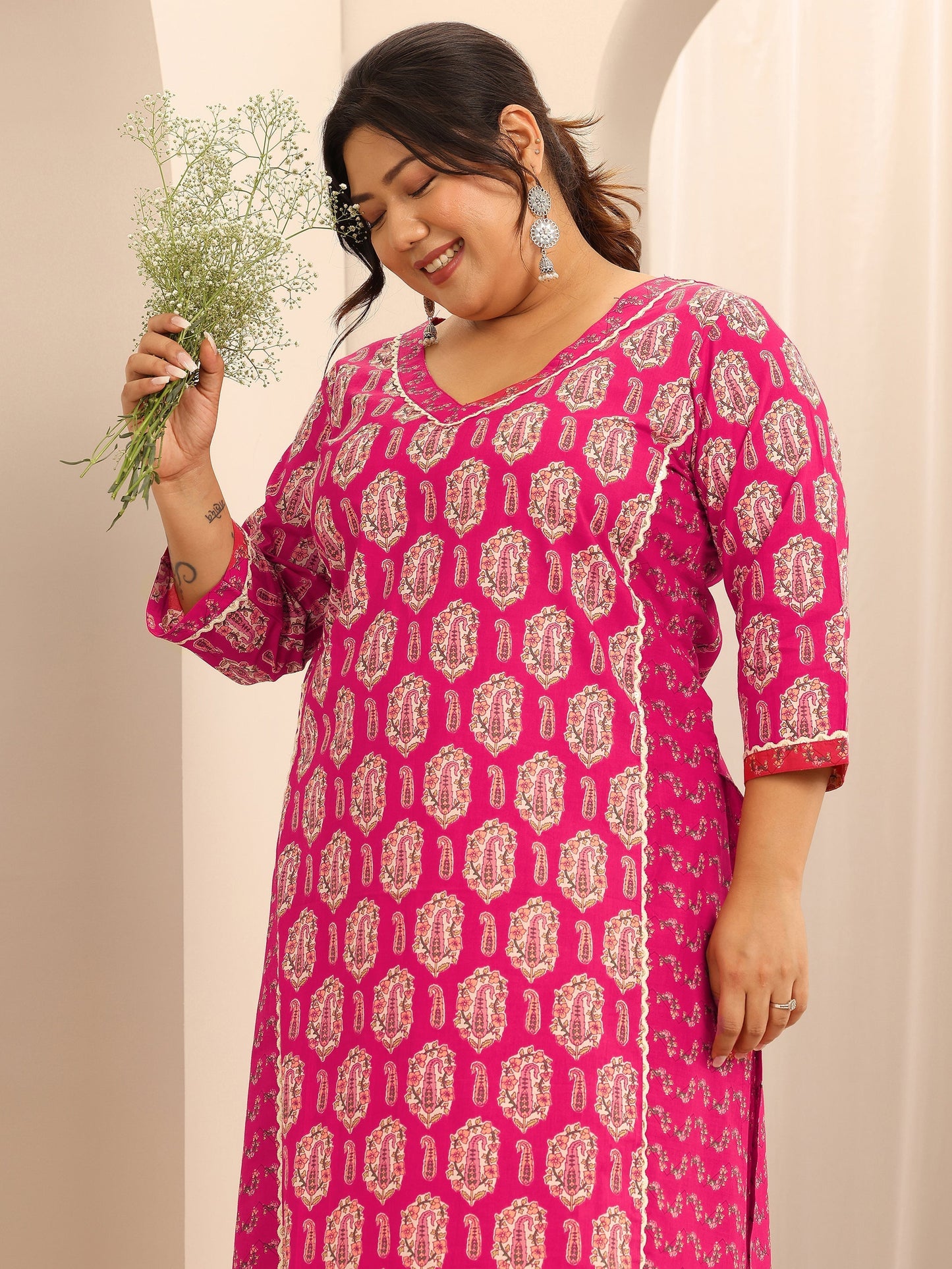 Plus Size Pink Printed Cotton Straight Kurta Set