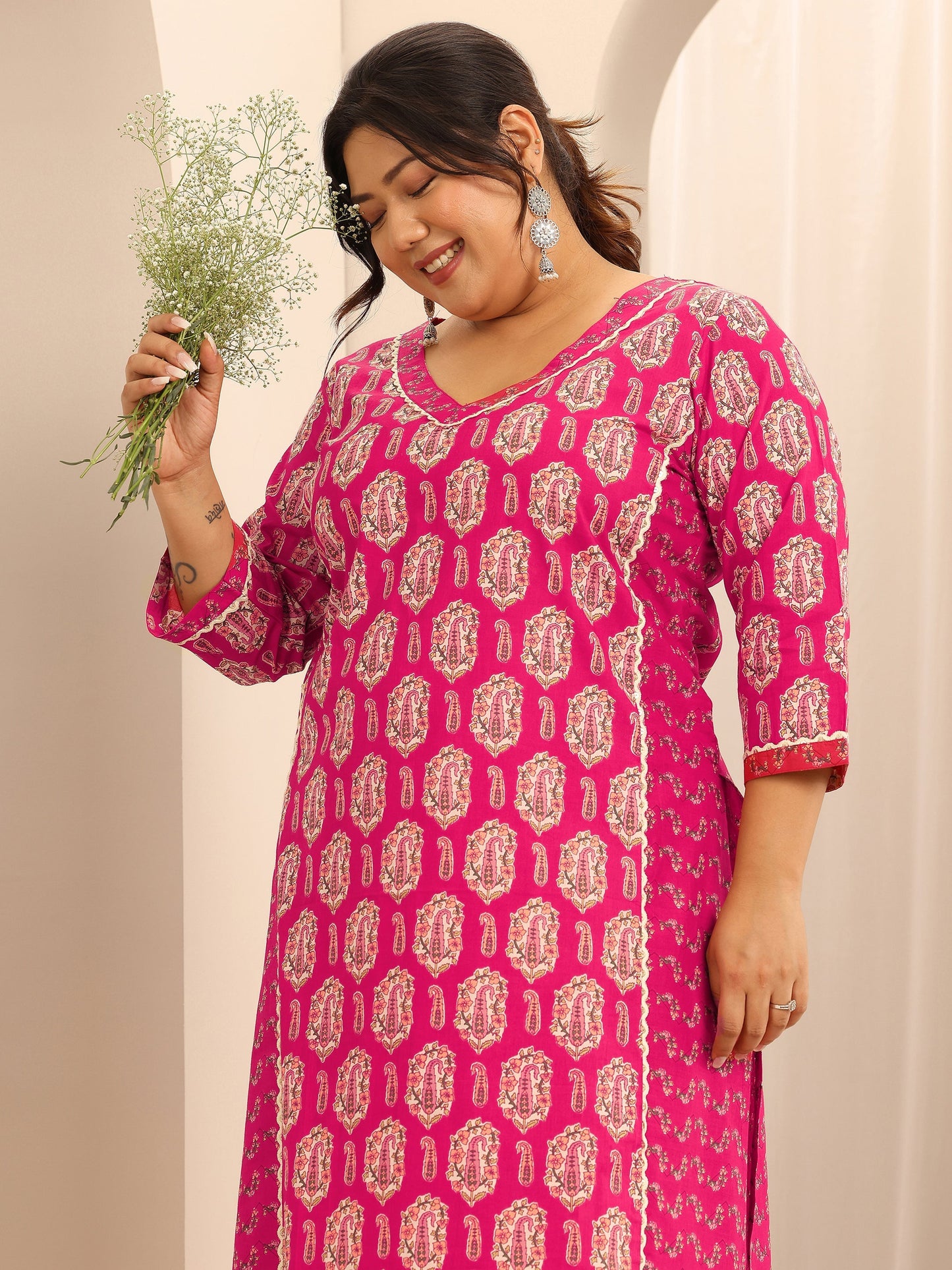 Plus Size Pink Printed Cotton Straight Kurta Set