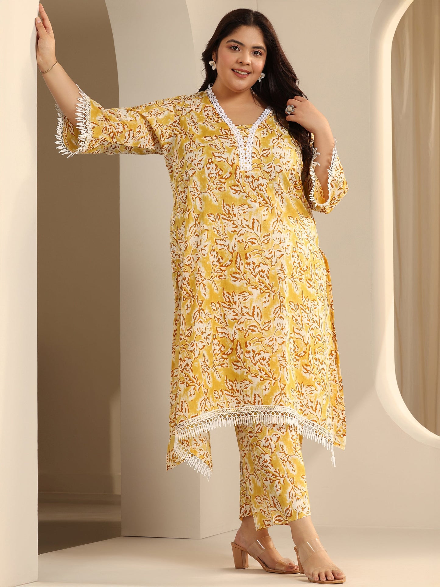 Plus Size Yellow Printed Cotton Blend Straight Kurta Set