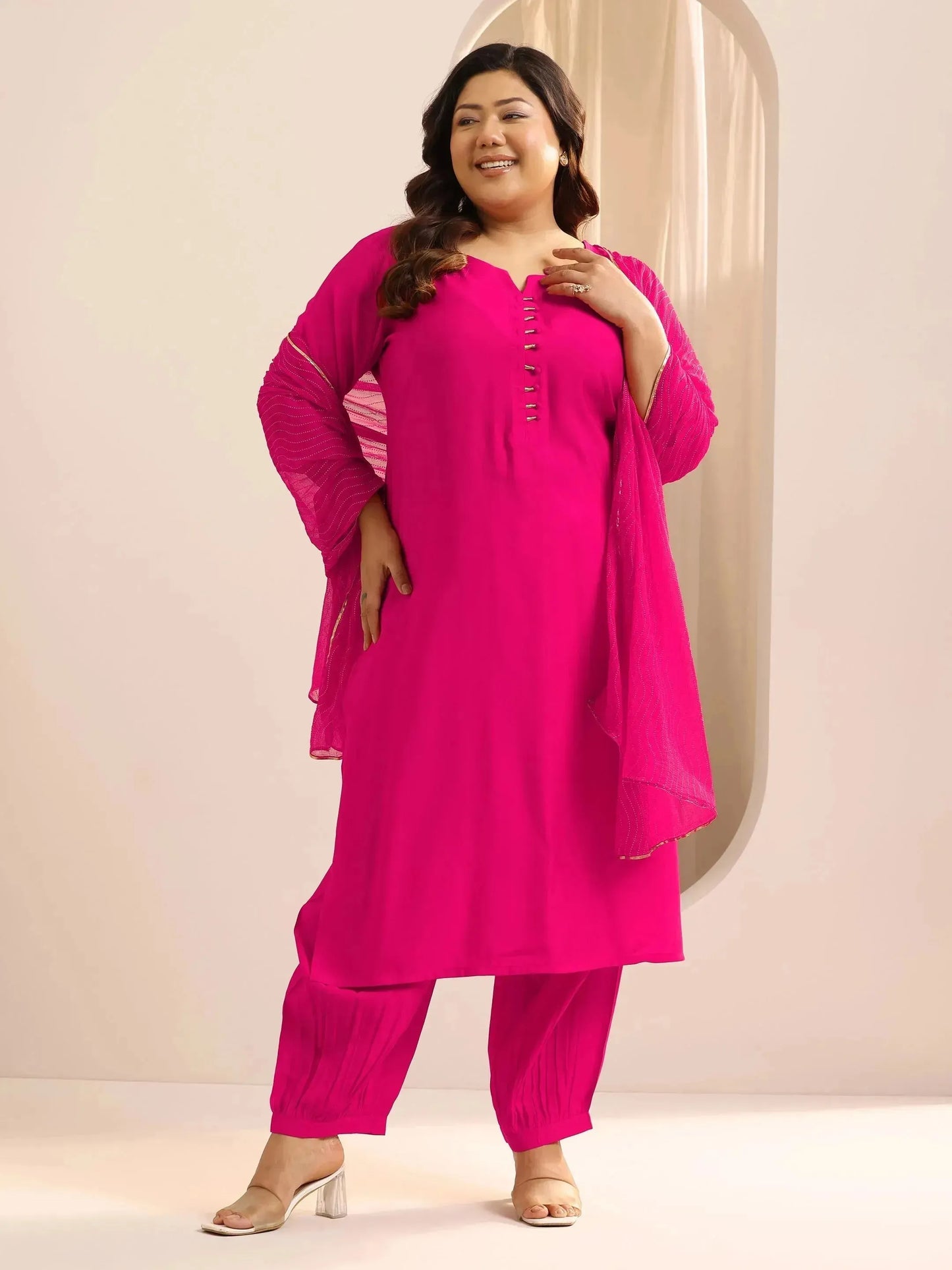 Plus Size Pink Solid Silk Blend Straight Suit Set With Dupatta
