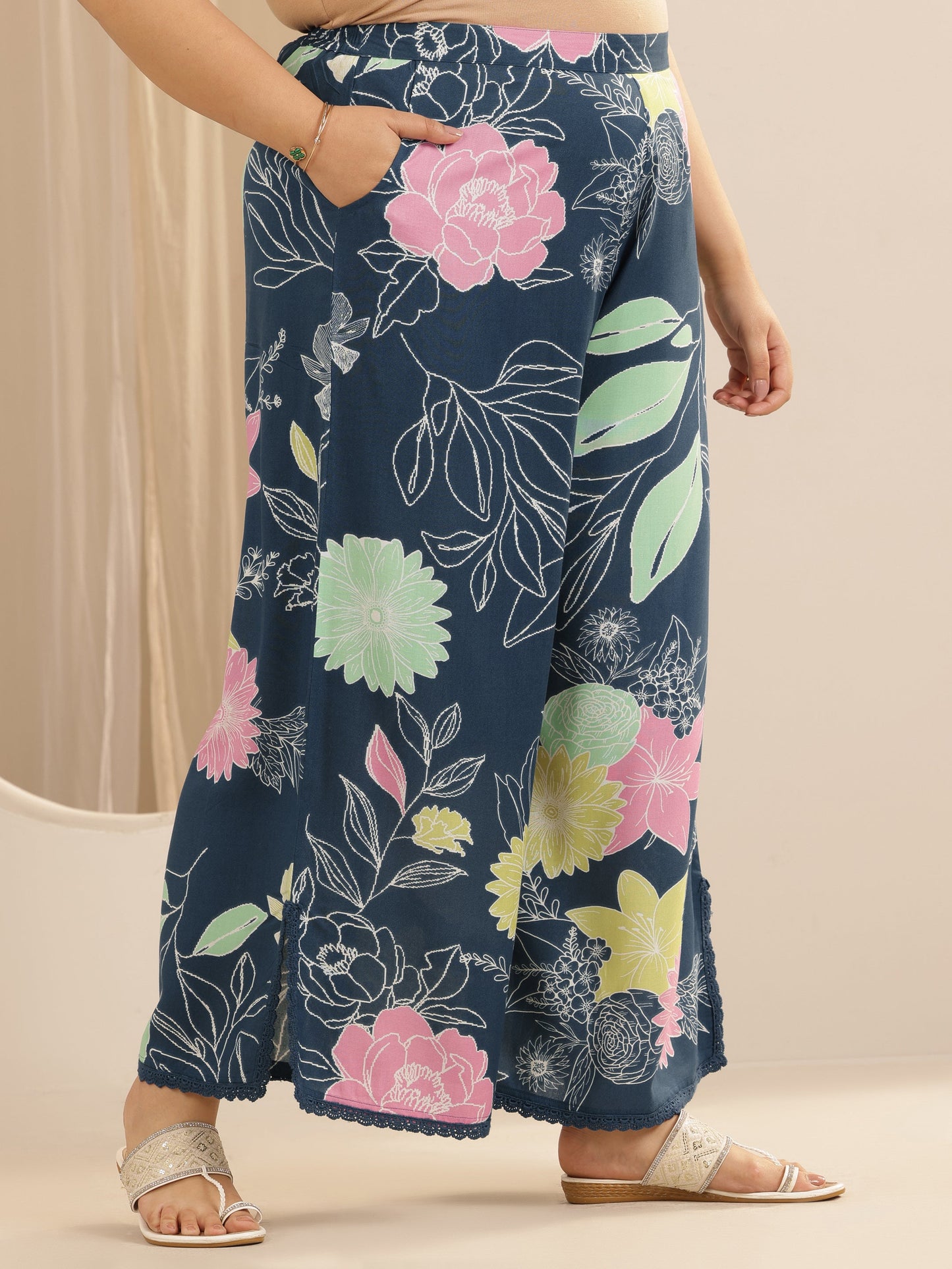 Plus Size Blue Printed Viscose Straight Kurta Set