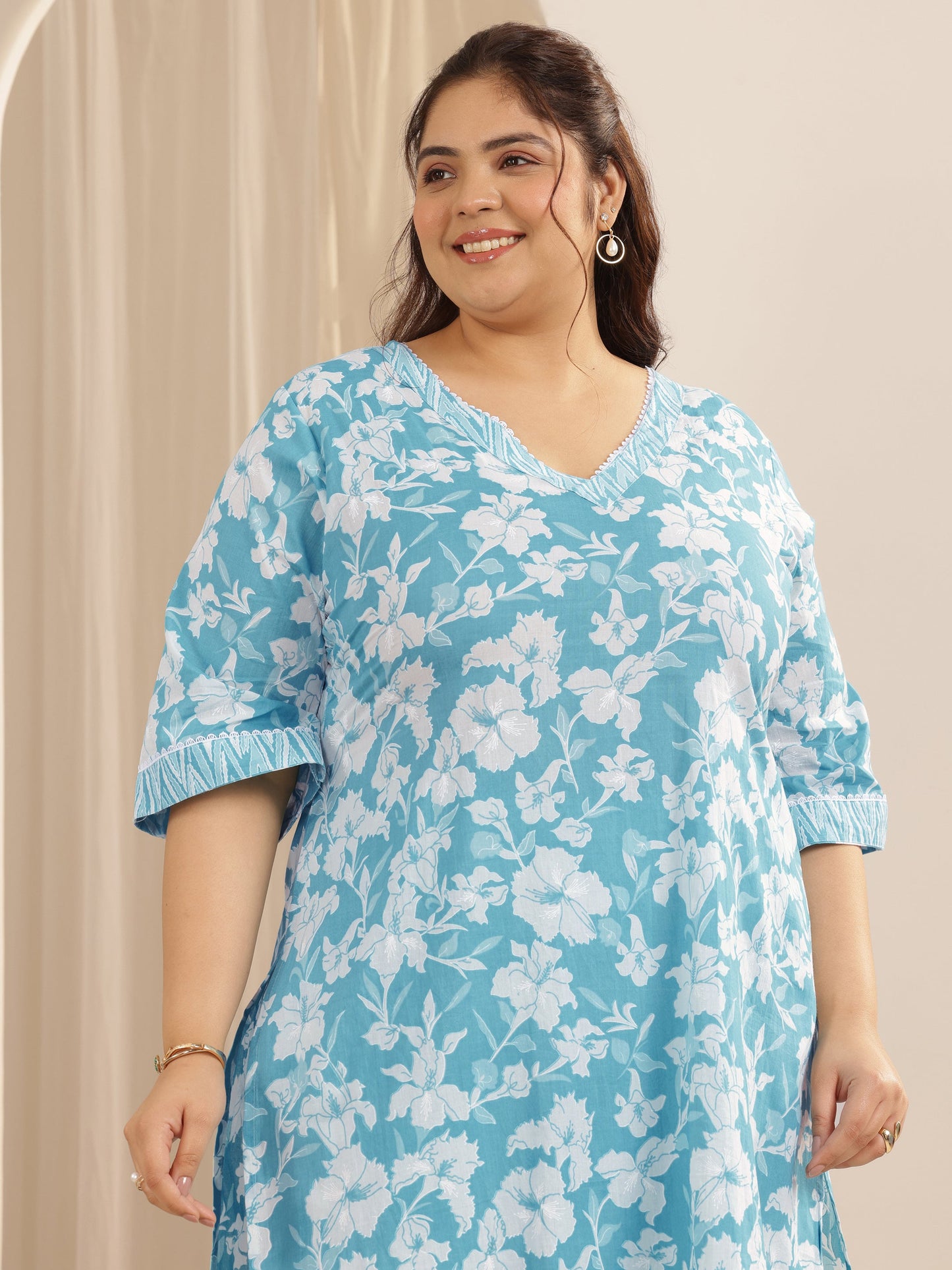 Plus Size Blue Printed Cotton Straight Suit Set With Dupatta