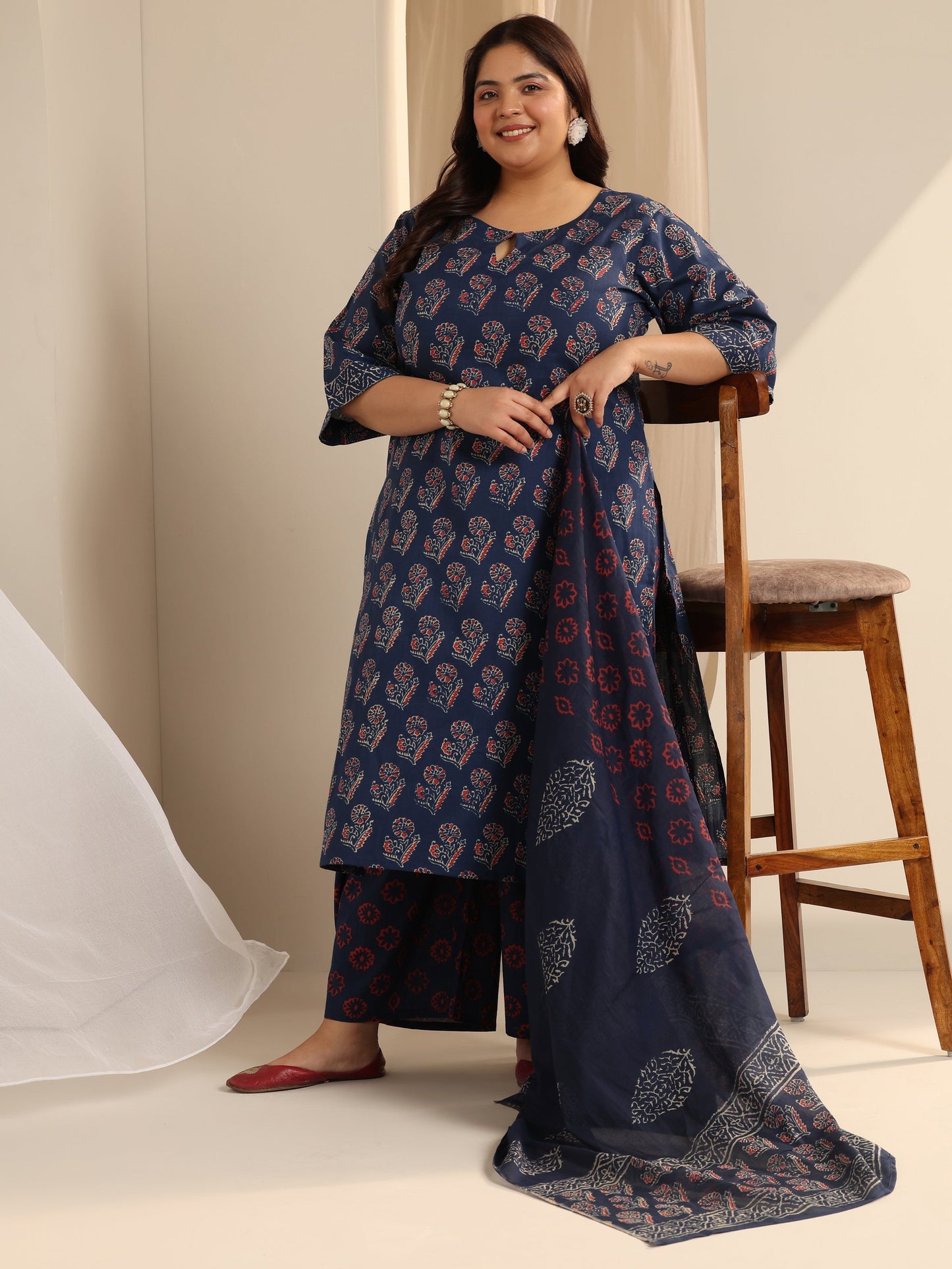 Plus Size Blue Printed Cotton Straight Suit Set With Dupatta