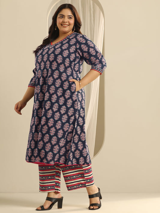 Plus Size Navy Blue Printed Cotton A-Line Suit Set With Dupatta