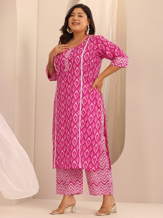 Plus Size Pink Printed Cotton Straight Suit Set With Dupatta