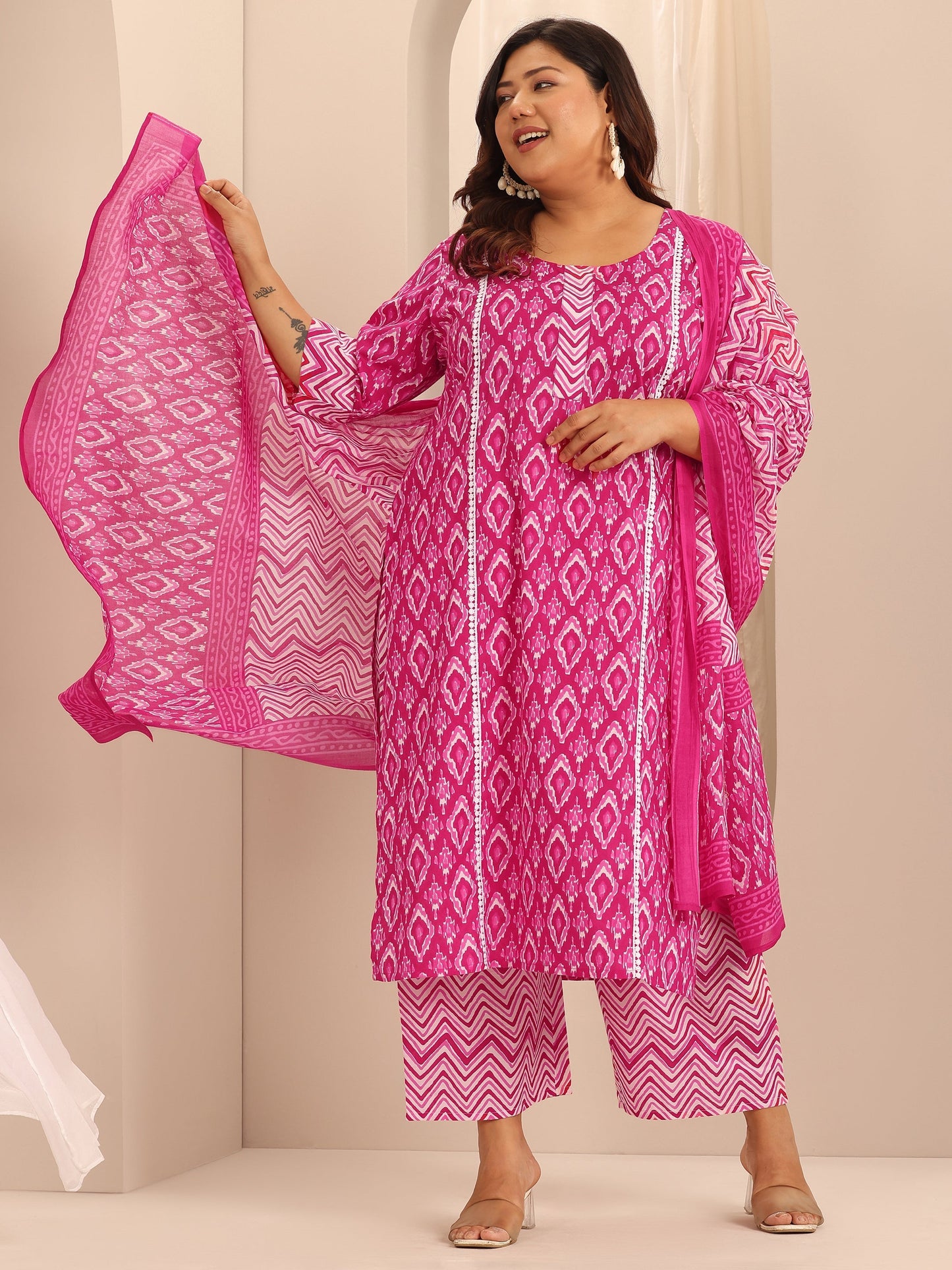 Plus Size Pink Printed Cotton Straight Suit Set With Dupatta