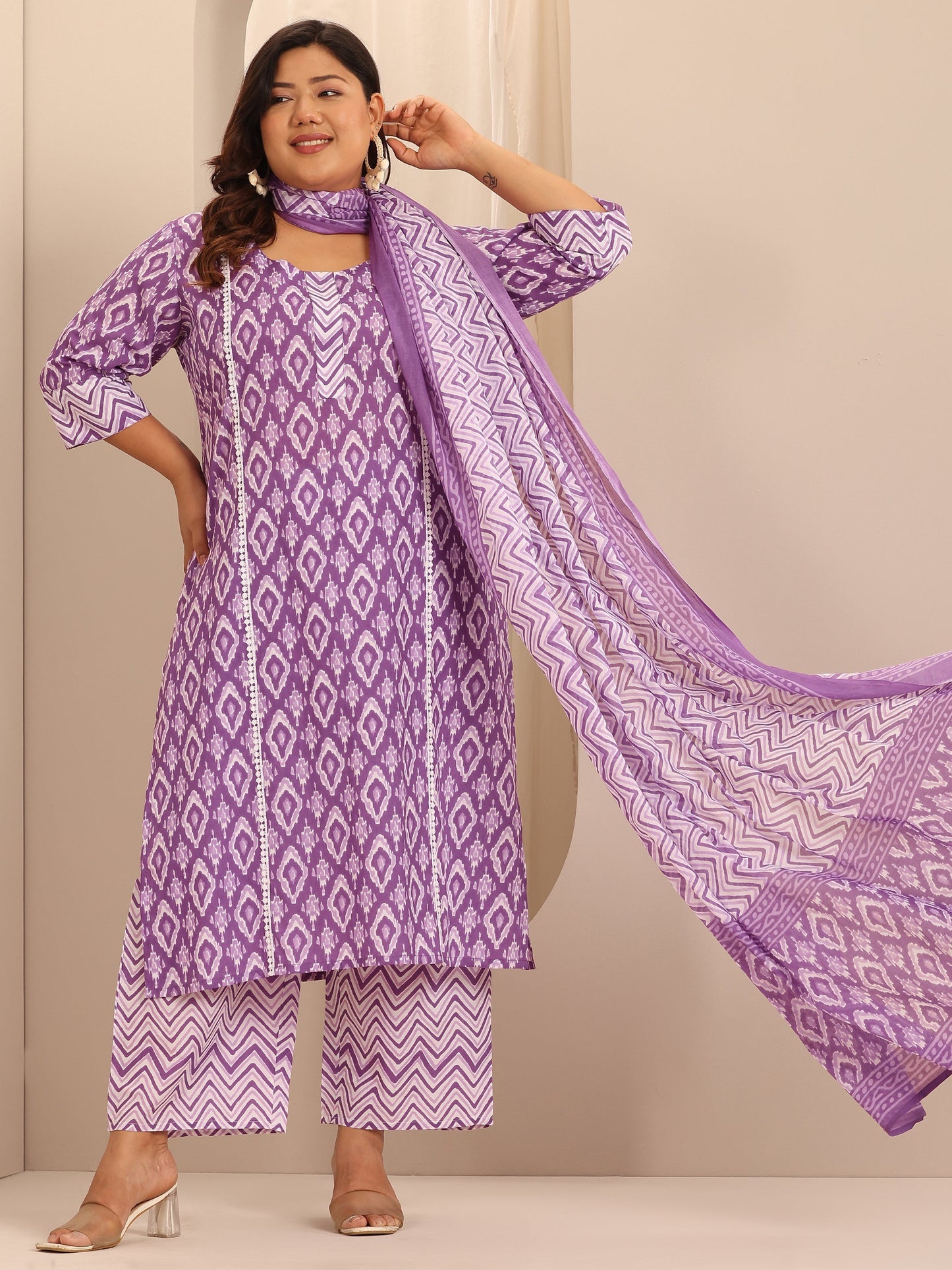 Plus Size Purple Printed Cotton Straight Suit Set With Dupatta