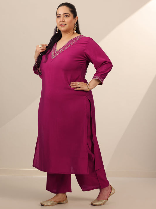 Plus Size Burgundy Yoke Design Silk Blend Straight Suit Set With Dupatta