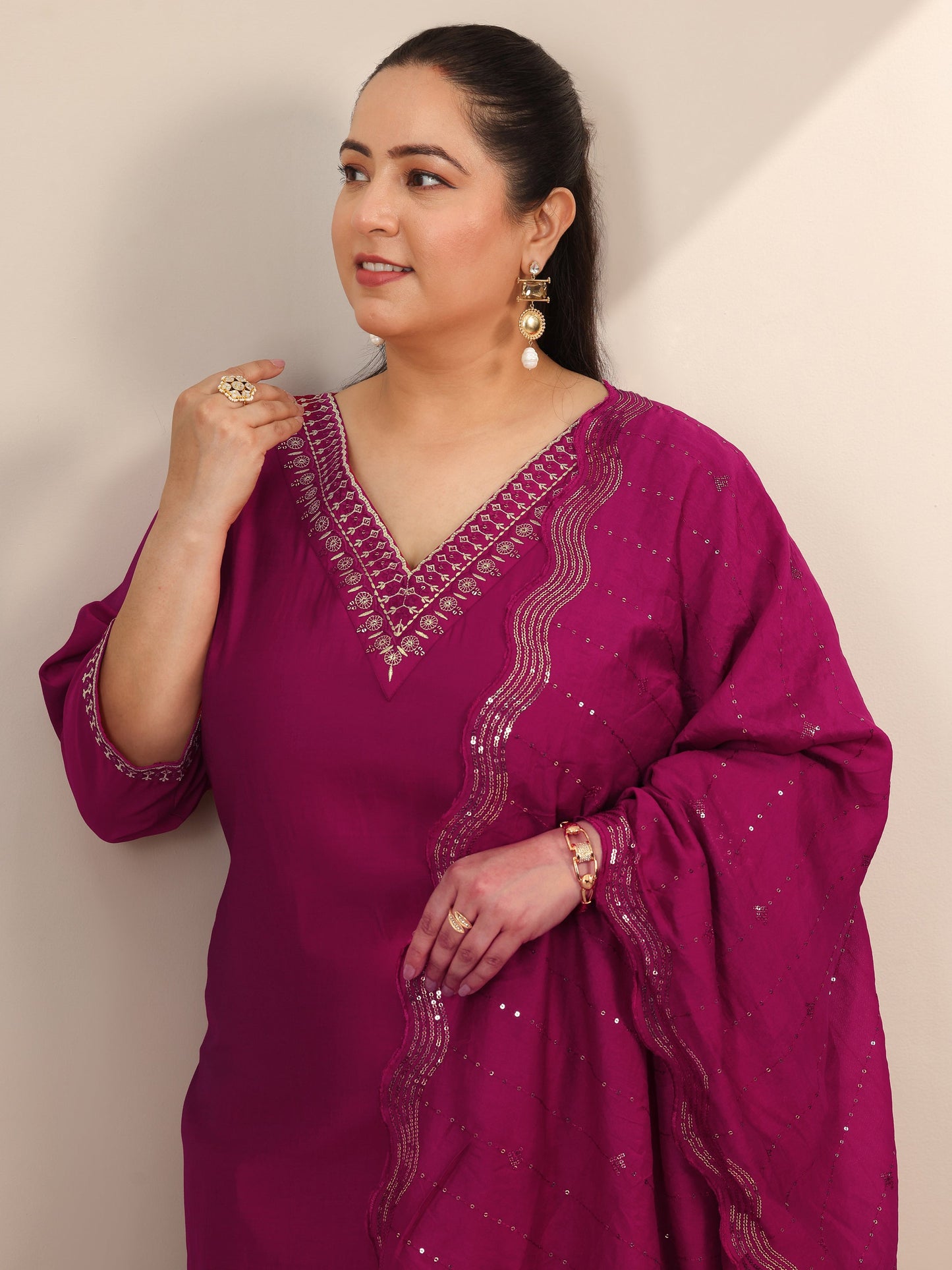 Plus Size Burgundy Yoke Design Silk Blend Straight Suit Set With Dupatta