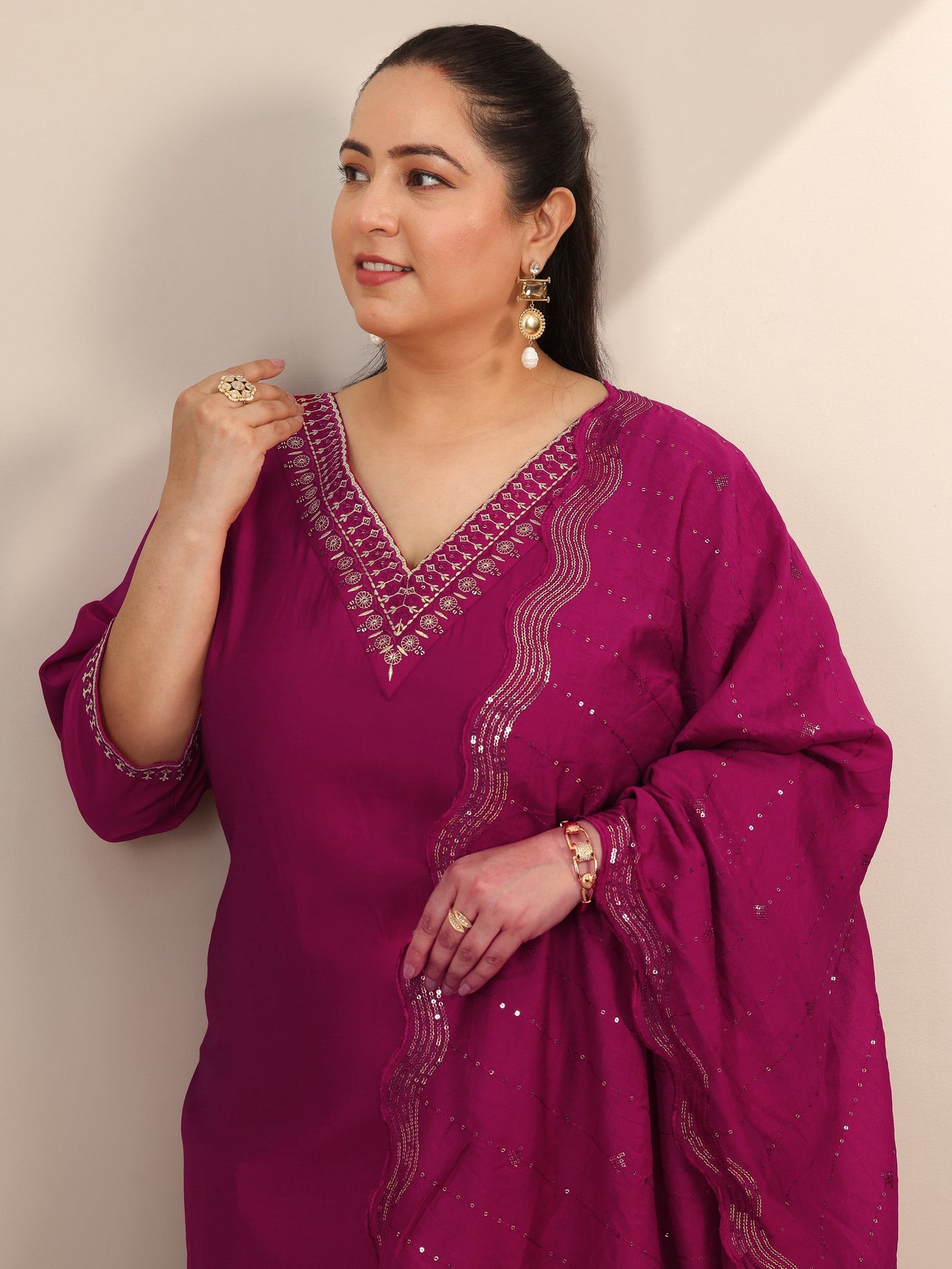 Plus Size Burgundy Yoke Design Silk Blend Straight Suit Set With Dupatta